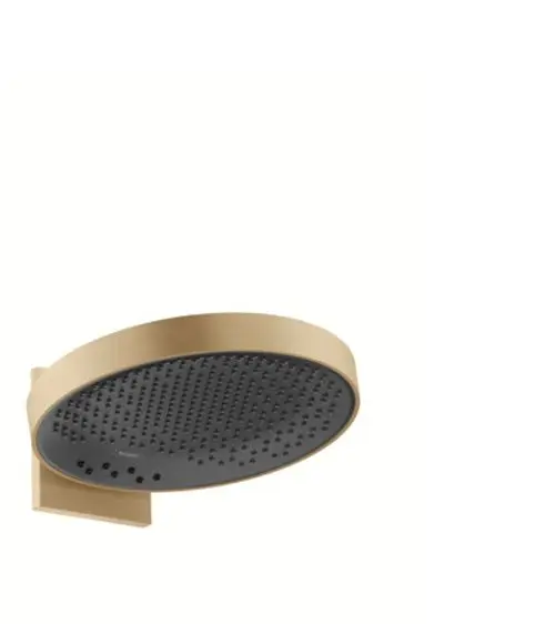 Kopfbrause in Brushed Bronze von Hansgrohe mit einer runden, flachen Oberfläche und Wandanschluss, ausgestattet mit mehreren Ausflussdüsen.